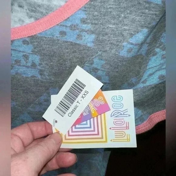 Lularoe XXS  Classic t shirt .  Blue and grey mineral‎ wash geometric pattern. - Picture 2 of 4